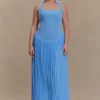 Stacie geplooide halter maxi-jurk – felblauw