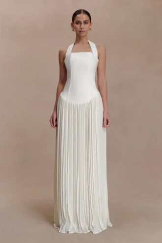 Stacie geplooide halter maxi-jurk – ivoor
