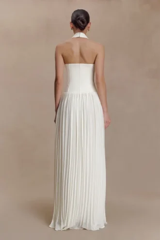 Stacie geplooide halter maxi-jurk – ivoor