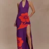 Stacy gebreide halter maxi-jurk – paars/rood Stacy gebreide halter maxi-jurk – paars/rood