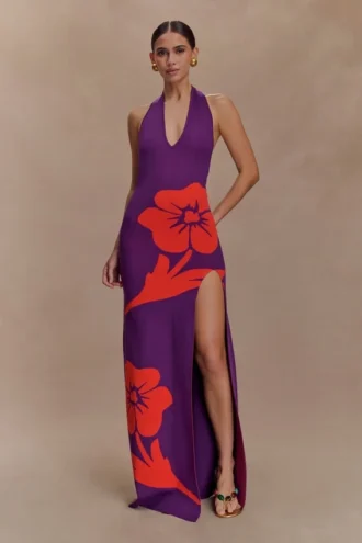 Stacy gebreide halter maxi-jurk – paars/rood