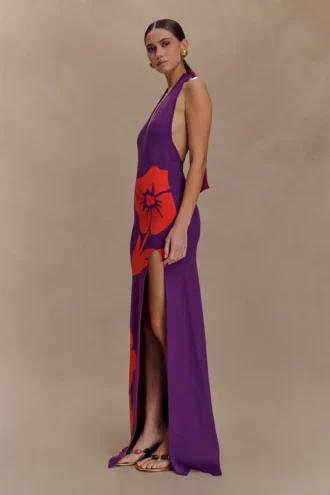 Stacy gebreide halter maxi-jurk – paars/rood
