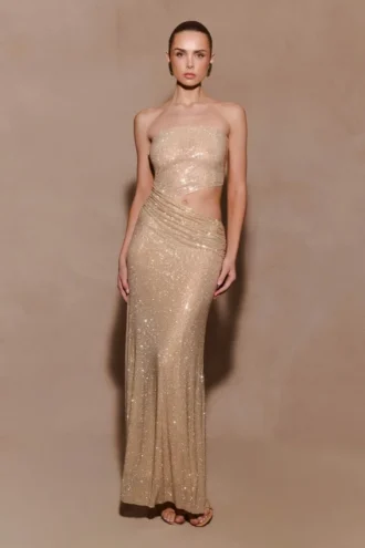 Starla strapless maxi-jurk met strass – goud