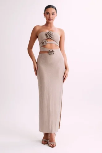 Stassie strapless maxi-jurk met rozen en strass – Nude