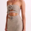 Stassie strapless maxi-jurk met rozen en strass – Nude