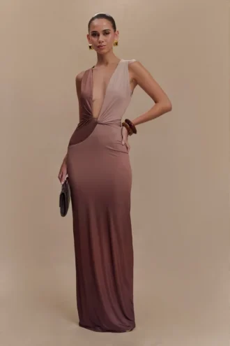 Stella gedrapeerde slinky maxi-jurk – Mokka Ombre