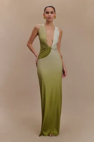 Stella gedrapeerde slinky maxi-jurk – Ombre Vintage Olive