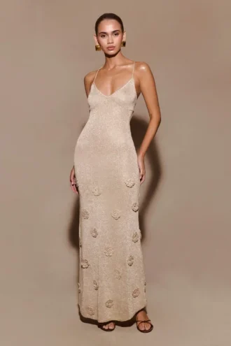 Suki metallic gebreide maxi-jurk – goud