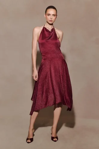 Sylvie Lurex Hankie Midi-jurk – Wijnrood