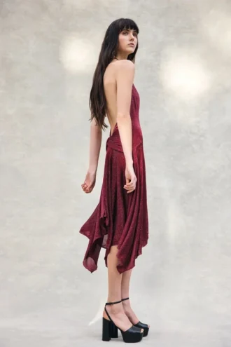 Sylvie Lurex Hankie Midi-jurk – Wijnrood