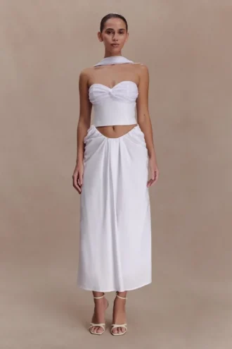 Talia gedrapeerde linnen midirok – Wit
