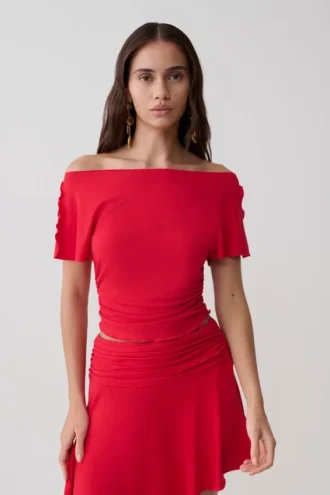 Talise modaal top met volant en korte mouwen – Rood