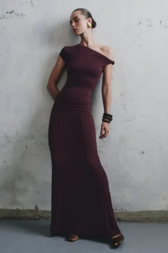 Tamsin modale maxi-jurk met korte mouwen – Mahonie