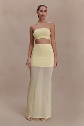Tanyel doorschijnende maxi-rok van gebreide bandage – Lemon