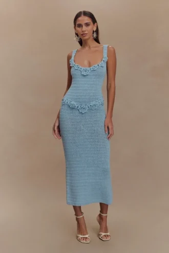 Teagan Midi-jurk met bloemenmotief, handgehaakt – Blauw