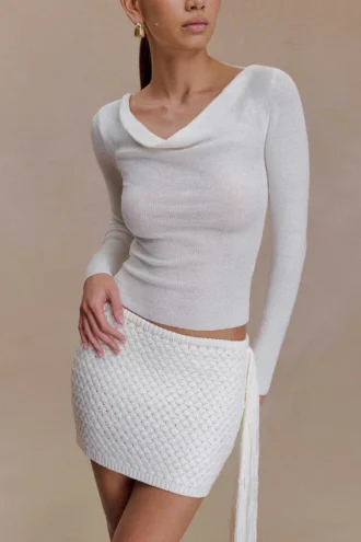 Elowen gebreide top met cowl en lange mouwen – Wit
