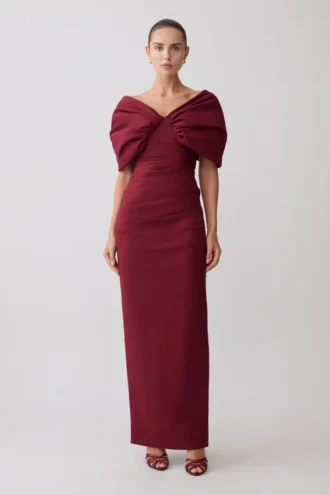 Thelma Bardot maxi-jurk – wijnrood