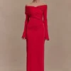 Therese off-shoulder maxi-jurk met ruches – Rood Therese off-shoulder maxi-jurk met ruches – Rood