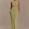 Theresea haltertop maxi-jurk van gebreid materiaal – Licht olijfgroen Theresea haltertop maxi-jurk van gebreid materiaal – Licht olijfgroen