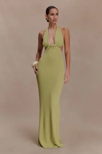 Theresea haltertop maxi-jurk van gebreid materiaal – Licht olijfgroen