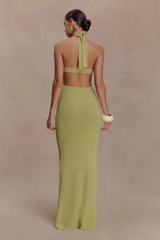 Theresea haltertop maxi-jurk van gebreid materiaal – Licht olijfgroen