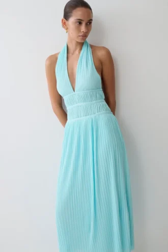 Thien halter midi-jurk met capuchon – Blauw