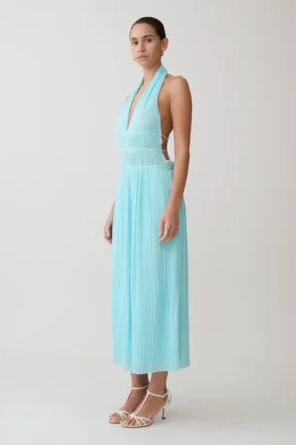 Thien halter midi-jurk met capuchon – Blauw