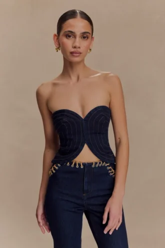 Tully strapless Denim top met stiksels – Indigo blauw
