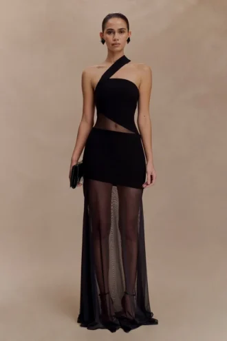 Vashti maxi-jurk met mesh-uitsnijdingen – Zwart