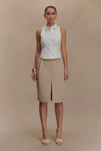 Vera Twill midi-rok met split aan de voorkant – Camel