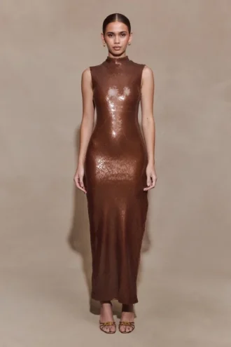 Veronica midi-jurk met pailletten – Chocoladebruin