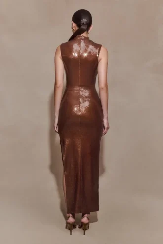 Veronica midi-jurk met pailletten – Chocoladebruin