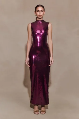 Veronica midi-jurk met pailletten – Pruim