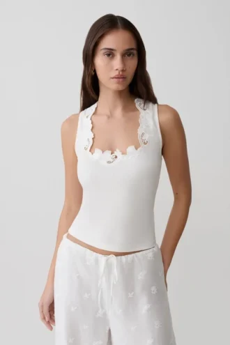 Vianna Broderie geribbelde tanktop – ivoor