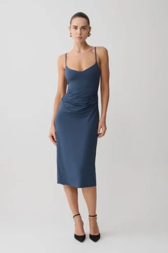 Vina gerimpelde jersey midi-jurk – inktblauw