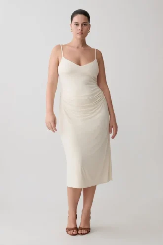 Vina gerimpelde jersey midi-jurk – ivoor