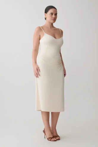 Vina gerimpelde jersey midi-jurk – ivoor