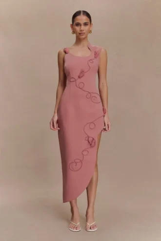 Virginia Suiting geborduurde midi-jurk – Burnt Rose