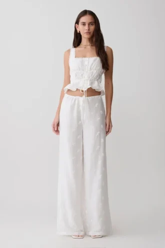 Vivian geborduurde broek met strik in de taille – Wit