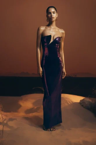 Winston strapless maxi-jurk met pailletten – Pruim