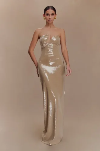 Winston strapless maxi-jurk met pailletten – taupe