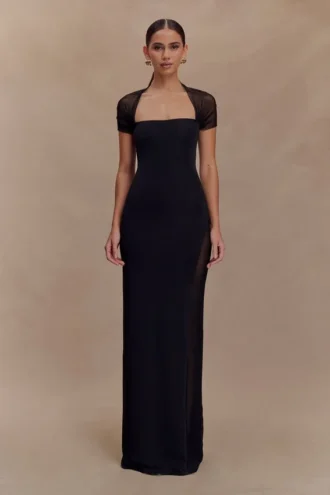 Wyatt slinky en mesh maxi-jurk – Zwart