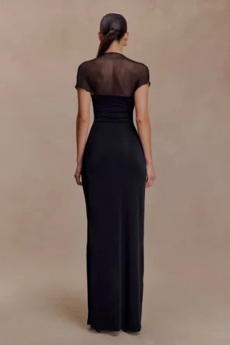Wyatt slinky en mesh maxi-jurk – Zwart
