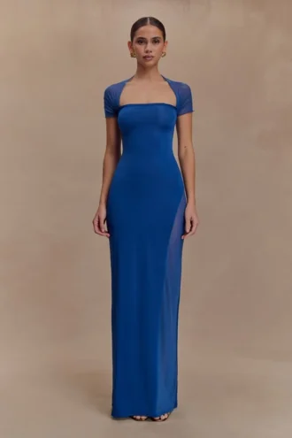 Wyatt slinky maxi-jurk met mesh – kobaltblauw