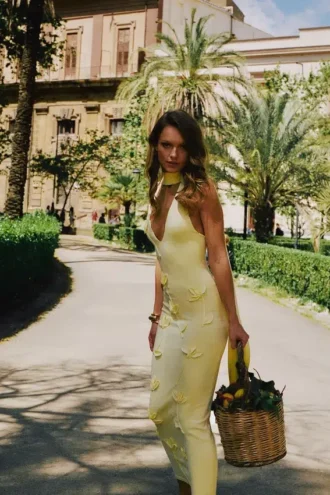 Wynn midi-jurk met bloemenprint – citroengeel