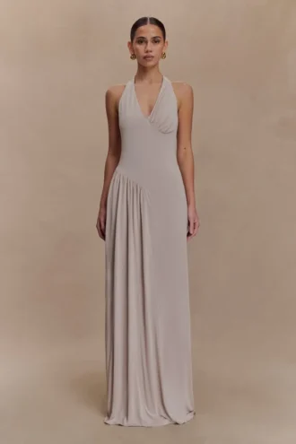 Yelena gerimpelde halter maxi-jurk – taupe