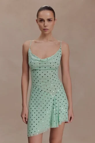 Zahra Diamante mini-jurk met cowl-hals – Mint