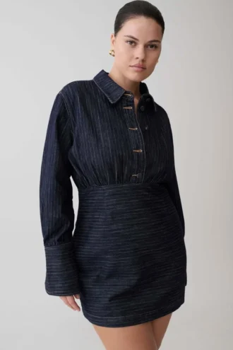 Zarah Denim mini-jurk met lange mouwen – Indigo met krijtstreep