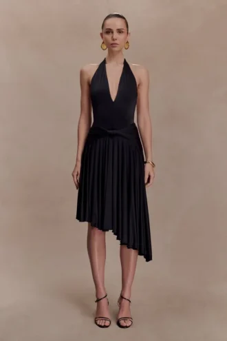 Zelda asymmetrische slinky midi-jurk – zwart