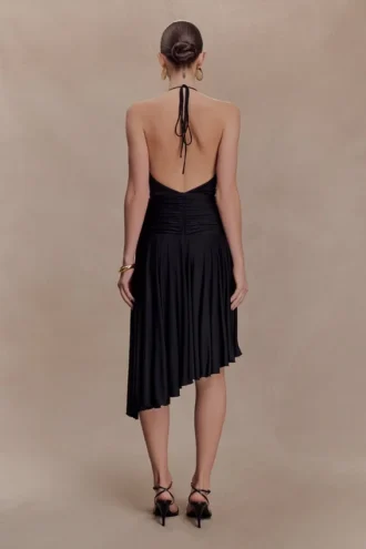 Zelda asymmetrische slinky midi-jurk – zwart